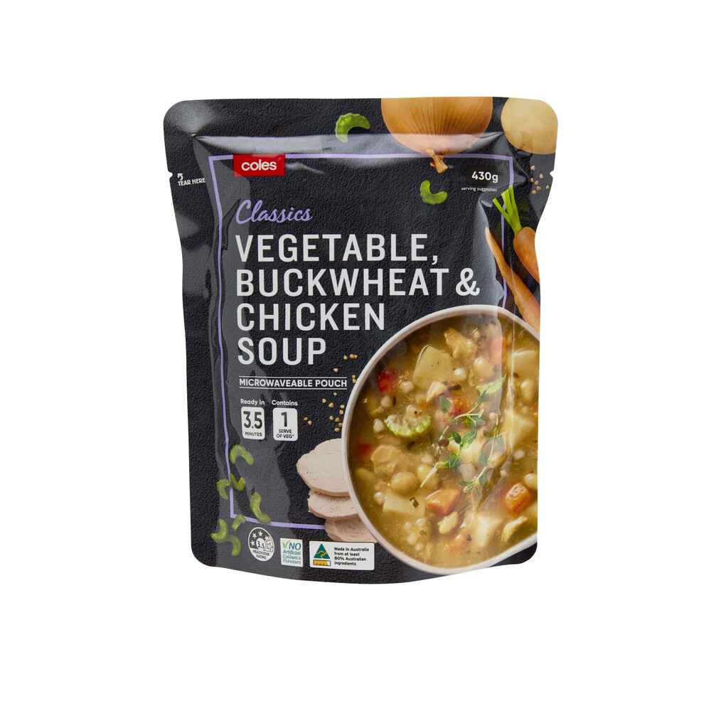 Coles Chicken Vegetable & Buckwheat Soup Pouch 430g 19310645120154 eBay
