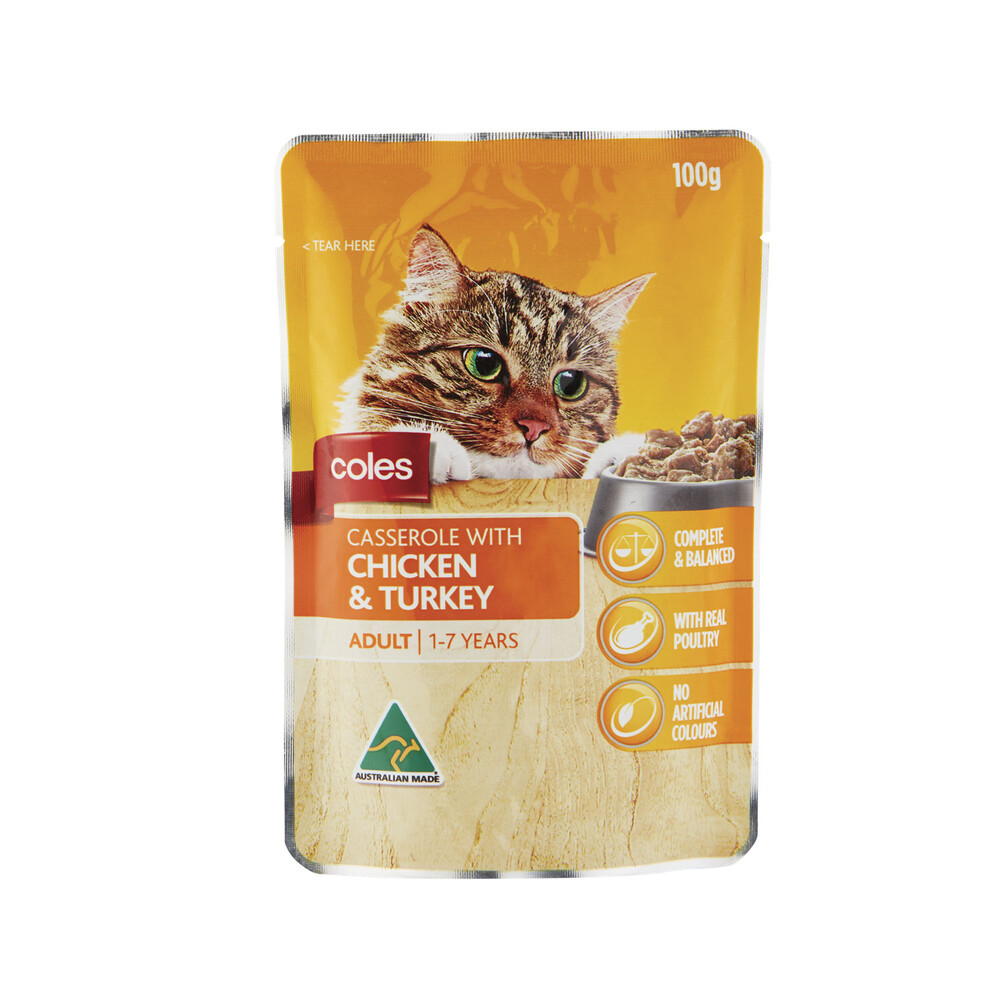 Coles Casserole Chicken & Turkey Pouch Cat Food 100g 29300601343106 eBay