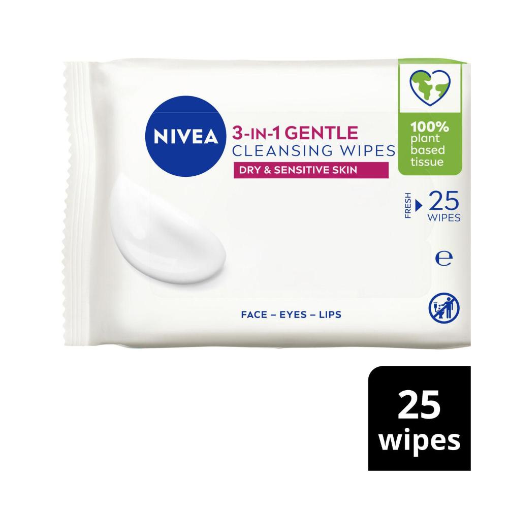 Nivea 3 in 1 Gentle Cleansing Facial Wipes Dry & Sensitive Skin 25pk